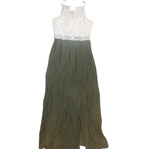 Iz Byer White Lace & Olive Green Maxi Dress